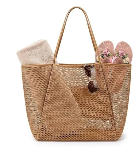 LELELEKALE stor strandväska dam nätficka strand med dragkedja innerficka strand tygväskor stor vikbar mesh swimming pool resa strand familj shopper reseväskor