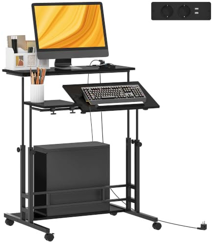 HOMCOM Escritorio Elevable con Ruedas, Puertos USB, 80x60 cm, Negro | Enchufes, Altura Ajustable, Escritorio de Pie, Panel Central Inclinado, Estante Inferior de Almacenamiento