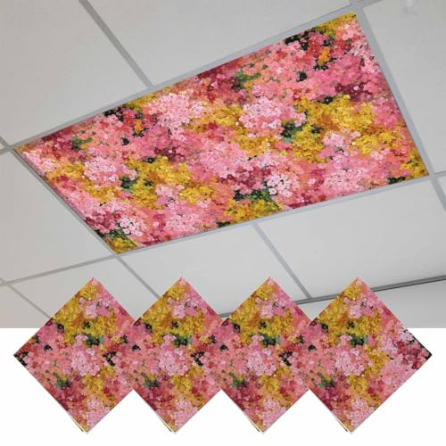 Fluorescent Light Covers, Cherry Blossom Magnetic Light Covers for Ceiling Lights, Pink Yellow Flowers Oil Painting Art Fluorescent Ceiling Shade Filters for Classroom Bedroom Office 4x2Ft x 4PCS