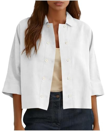 Womens Linen Tops 3/4 Sleeve Cropped Tops Button Down Open Front Linen Cardigans Loose Fit Short Shirts Ladies Casual Long Sleeve Collared Shirt Blouses Beach Party