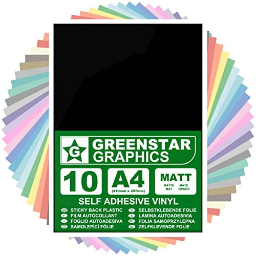 GREENSTAR GRAPHICS MATT A4 STICKY BACK PLASTIC SELF ADHESIVE ART & CRAFT VINYL (10 SHEET PACK). Compatible With 12” Cricut, Silhouette Cameo/Curio/Portrait, Scan N Cut (BLACK MATT 10 A4)