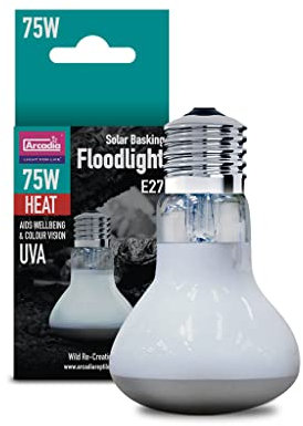 Arcadia Reptile - Solar Basking Floodlight - 75w - Standard E27 Fitting - Produces Essential UVA - Aids Wellbeing & Colour Vision -Suitable for All Reptiles