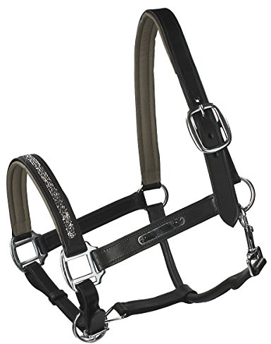 QHP Luxus Lederhalfter Halfter Lupine mit Strass-Steinen schwarz (Vollblut)