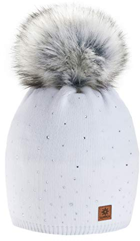morefaz Wurm Winter Strickmütze Mütze Damen Kristalle Kiesel mit Große Bommel Pompon l SKI (White) (MFAZ Ltd)