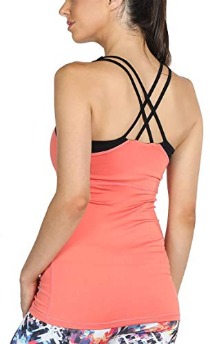 icyzone Damer 2 i 1 sport yoga toppar med bh – gymskjortor fitness träning linne, korall, XL