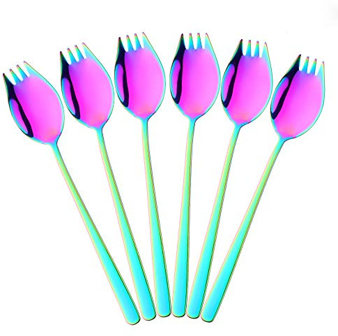 BISDARUN Spork Göffel Titan 18/10 Edelstahl Buntes Lang 21,3CM(8,4Inch) 6 Stück Metall Gabel Löffel Campingbesteck für Obstsalat Nudelsuppe Regenbogen