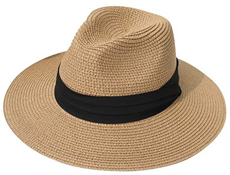 DRESHOW Donna Cappello Panama Cappello da Spiaggia in Paglia Fedora Cappello Arrotolato in Paglia a Tesa Larga Cappelli