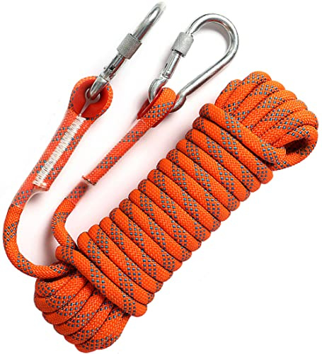 GINEE 10mm Static Rock Climbing Ropes 35FT Outdoor Safety Rope with Carabiner Magnet Fishing Rope Orange Arborist Tree Climb Rescue Grappling Lifeline Escape Descender Abseiling Rope
