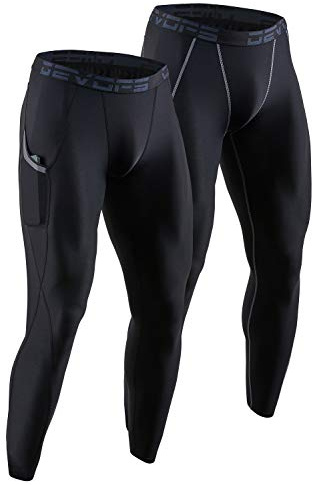 DEVOPS 2 Pack Men's Compression Pants Athletic Leggings with Pocket (Medium, Black/Black)