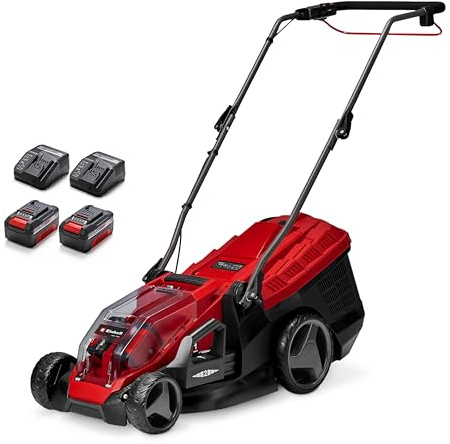 Einhell Akku-Rasenmäher GE-CM 36/36 Li M Kit (36 V, 36 cm Schnittbreite, bis 400 m², Brushless, Mulchfunktion, 40L Fangkorb, 25-75 mm Schnitthöhe, inkl. 2x 4,0 Ah Akkus + 2x Ladegerät)