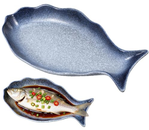 Cabilock 12 Inch Ceramic Fish Shaped Plate, Blue Porcelain Steamed Fish Platter, Deep Seafood Serving Dish for Sushi & Appetizers, Decorative Food Tray for Home Restaurant Kitchen