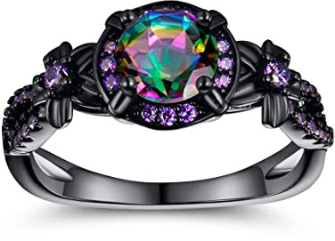 Women Eternity Rings 18K Black Gold Plated Rainbow CZ Created Amethyst Gemstone Wedding Engagement Band for Bride Dainty Jewelry Gifts (5)