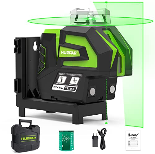 Huepar Selbstnivellierender Grüner Lasernivellier Kreuzlinien mit 2 Lotpunkten Laserwerkzeug - 360 ° Horizontale Linie und vertikalen Linie mit Großem und Magnetbasis 7211CG