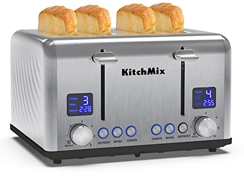 Toaster 4 Slice, KitchMix Bagel Stainless Toaster with LCD Timer, Extra Wide Slots, Dual Screen, Removal Crumb Tray (Stinless steel)