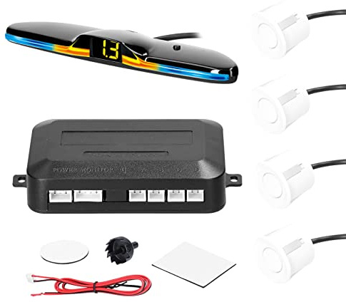 Goolsky Car Parking Sensor Rear Reversing Radars System with 4 Parking Sensors Distance Detection LED Light Distance Display Warning Buzzer (White)