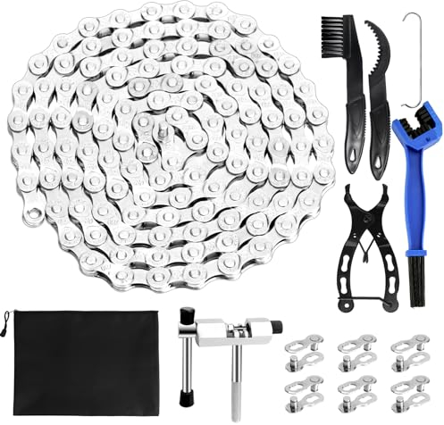 Fahrradkette Set,6/7/8 Fach Fahrrad Kette 1/2 x 3/32 Inch 116 Glieder Fahrradkette Werkzeug mit Kettenbrecher Kettenprüfer und 3 Paar Kettenschloss für 6 7 8 Rennrad Mountainbike Stahl Bike Chain