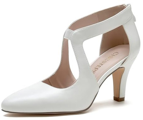 ChicSteps Damen-Pumps, bequeme geschlossene Zehenpartie, 7,6 cm, Kätzchen-Absätze, niedrige Absätze für Arbeit, Büro, Hochzeit und elegante Anlässe, elegante Schuhe für Damen, Weißes Pu, 40.5 EU