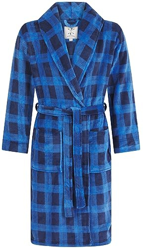John Christian supermjuk fleece-morgonrock med blått rutmönster, blå, L