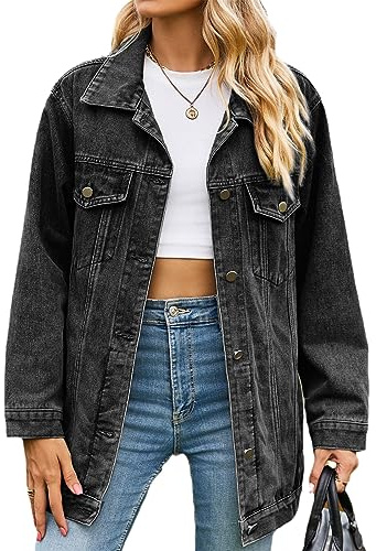 Veste en Jean Baggy Vintage pour Femme à Manches Longues boutonnée surdimensionnée Boyfriend Jean Jacket,Noir,L