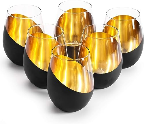 FoOhy Modern Matte Black and Gold Tilted Design Stemless Wine Glasses Tumblers - 18 oz, Set of 6