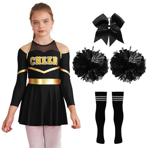 Linjinx Kids Girls Cheer Leader Costume Halloween Cheerleading Uniform Long Sleeve Dress and Pom Poms Stocking Hair Tie A Black&White 10 Years