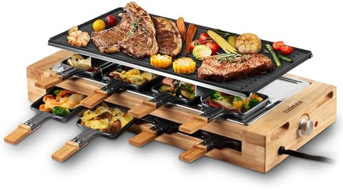 Indoor Grill, CUSIMAX Raclette Table Grill, 1500W Electric Grill Korean BBQ Grill with 2 in 1 Reversible Non-stick Plate/Wooden Base, Party Grill with 8 Trays & Wooden Spatulas, New Model