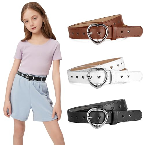 3 Stück Kindergürtel Mädchen, PU Verstellbare Herz Schnalle Taillengürtel, Herz Schnalle Leder Mädchen Gürtel, Kindergürtel für 6-12 Jahre Kinder Hosen Röcke Jacken (Kamelfarbener, Schwarz, Weiß)
