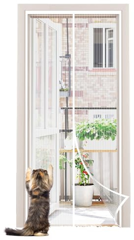Sekey Fliegengitter Balkontür Magnet | Insektenschutz Tür/Balkontür | Ohne Bohren, Klett-Magnet-Montage | Katzensichere Verstärktes Polyester Anti-Reiß | Verbreitertes Klebeband |90x210 cm Weiß