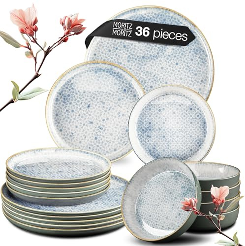Moritz & Moritz Terra 36-Piece Porcelain Dinner Set for 12 People - Radiant Blue Plates and Bowls Set, Microwave & Dishwasher Safe - Includes Dinner & Dessert Plates & Soup Bowls