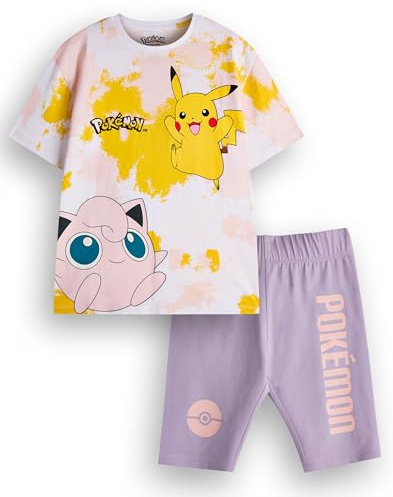 Pokemon Girls T-Shirt & Shorts Set | Kids Tie Dye Short Sleeve Graphic Tee & Purple Cycling Shorts Complete Outfit | Pikachu Jigglypuff Clothing Bundle | Game TV Series Movie Merchandise Gift