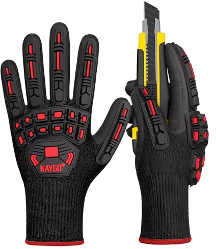 KAYGO gants de travail anti choc avec protection TPR, résistant aux coupures classe C, revêtement nitrile, bonne adhérence, idéal pour constructeur, charpentier, bricolage (Noir Rouge, S, taille 7)