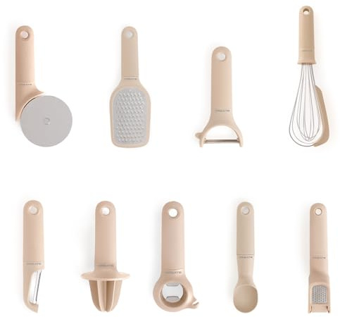 CREATE/Pack de 9 utensilios de cocina arena/Pelador de fruta y verdura, cuchara para helado, batidor de mano, rallador, exprimidor, cortador de pizza, abridor, prensa para ajos