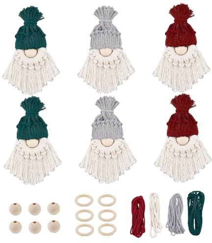 CAKEEYUM Christmas Macrame Kit 1 Set (6pcs) Gnomo de Navidad Hacer Suministros con Instrucciones Macrame de Navidad de algodón amigable para el Bricolaje para la elaboración, Adorno de árbol de