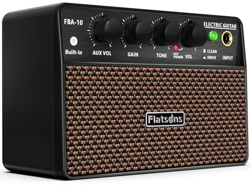 Flatsons FBA-10 Guitar Amp, 10W Mini Electric Guitar Amplifier with Clean/Drive Channel, 6H Working, USB-C Rechargeable, 3.5mm Headphone/AUX Jack, Wireless Portable Amp for Indoor Practice, Traveling