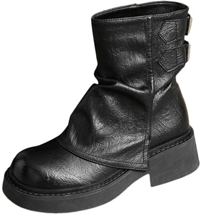 Botas de plataforma para mujer, estilo gótico, punk, botines con tacón de bloque, botas de media caña plegables, botas de piel sintética, botas de equitación, botas de motociclismo, Negro , 38 EU