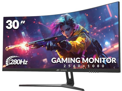 CRUA 30 Inch Curved Gaming Monitor, Ultra-Wide WFHD 2560×1080, 200Hz/144Hz, 0.5ms, 1500R VA Panel, 120% sRGB, AMD FreeSync, HDMI & DP, Wall Mountable, Eye Care, PC Monitor for Gaming & Office - Black