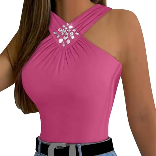 Generisch Camiseta de tirantes con espalda en t para mujer, acolchada, acanalada, larga, tops básicos Top de espagueti Encaje, Rosa intenso., L