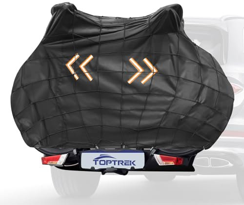 toptrek Fahrradschutzhülle Fahrradträger Reißfeste, Fahrradabdeckung Heckträger mit Gepäcknetz Elastisch, 600D Oxford-Gewebe Fahrradgarage für 2 fahrräder