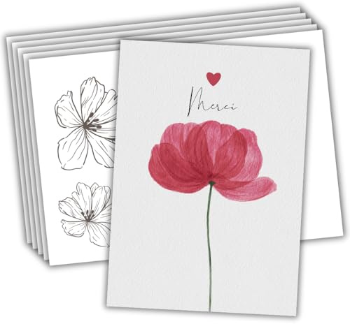 roxisha - Lot de 10 Cartes Merci + Enveloppes imprimées | Coquelicot | Carte Postale 10,4 x 14,8 cm | Cartons de Remerciements Mariage, Naissance, Anniversaire, Baptême, Fête, Communion, Retraite