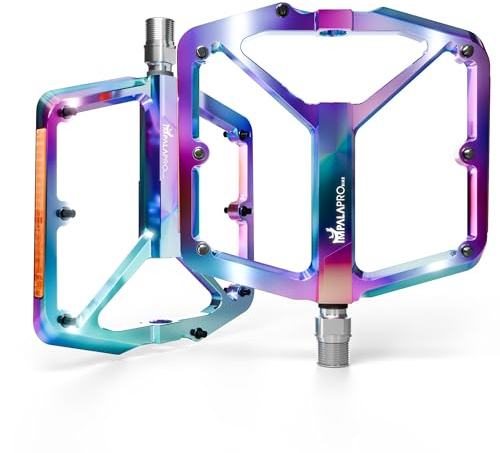 IMPALAPRO Flat Bike Pedals with Reflectors CNC Aluminium 9/16” – MTB Pedals with Extra Wide Platform and Removable Anti-Slip Pins – Lightweight Pedals for Mountain Bike & Road Bike 355 g (neochrome)