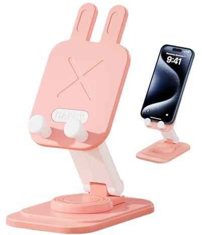 lyanny Soporte para Teléfono Móvil | Soporte Plegable para Celular | Base Giratoria 360 Grados con Diseño Conejo para Tableta, Hogar, Cocina, Mesita de Noche y Viaje