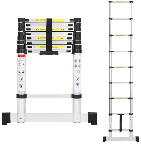 Eikuavons teleskopstege, 2,6 m aluminium, utdragbar stege med stabilisator, belastning 150 kg, halkfri aluminiumstege stående stege multifunktionsstege för vind, kontor, husbil, klättring