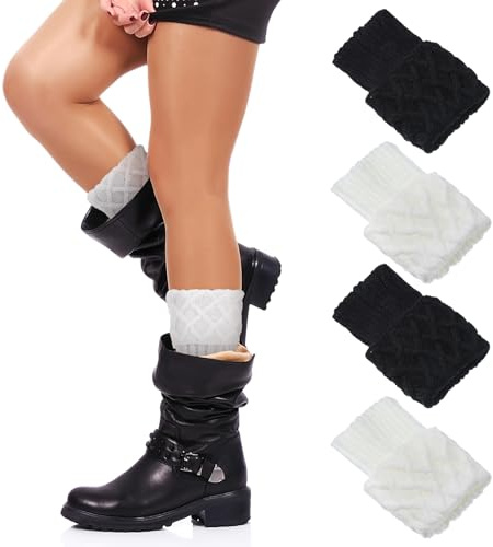 Grevosea 2 Pairs Winter Warm Boot Cuffs, Crochet Knitted Boot Topper Socks Short Leg Warmers for Women Girls Dance Yoga Ice Skating 80s 90s Y2k Outfits (Black, Beige)