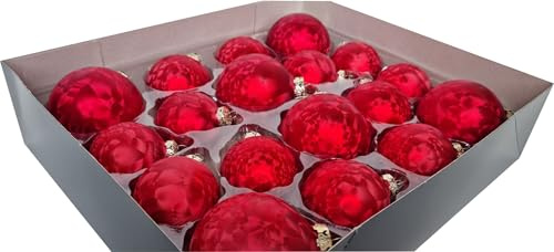 JACK by Thüringer Glas Weihnachtsbaumkugeln Glas Eislack 18 TLG. Set 3 Kugelgrößen Farbauswahl inkl. Haken, Farbe:Rot