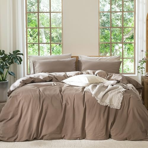 MOOMEE Bedding Duvet Cover Set - 100% Washed Cotton Linen Like Textured Breathable Durable Soft Comfy Bedding Set with Hidden Zipper Closure(Solid Brown,King Size)