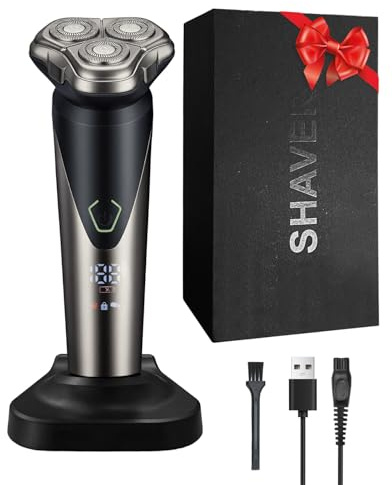 Rasierer Herren Elektrisch, 3D Rotationskörper Rasierer Nass und Trockenrasierer, Wasserdichter Rasierapparat mit LED-Display, 3D-Schwebeköpfen für Präzisionsrasur inkl Ladestation, Ideal als Geschenk