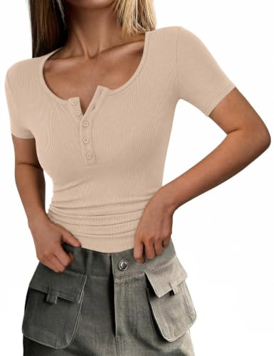 Totatuit Womens Ribbed T Shirt Short Sleeve Scoop Neck Slim Fit Top | Ladies Summer Basic Tee Henley Button Front Lightweight Stretch Casual Tops for Women UK Everyday Wear