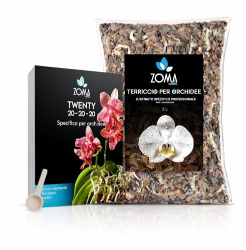 ZOMA Bundle - Concime Orchidee 20 20 20 NPK 250g con Terriccio per orchidee 2l contenente Bark e Sfagno cileno