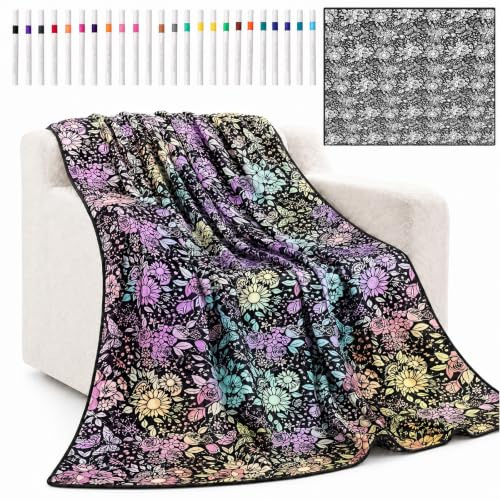 DIY Målduk att färglägga 156 × 125 cm med 24 tvättbara markörer, blommor | Återanvändbar gör-det-själv-målning filt mjukt plyschtyg, tvättbar färgfilt för vardagsrum soffa pysselfest