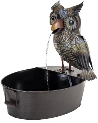 Alpine Corporation NCY294 23 Outdoor Floor Soothing Metal Water Fountain, Vintage Owl Garden Water Feature with Cascading Water for Patio & Backyard Décor, Brown